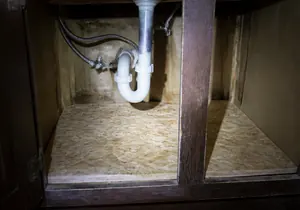 The same cabinet, dry, with a new trap and a replaced board