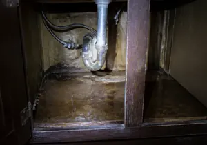 A sink cabinet with standing water and a corroded trap