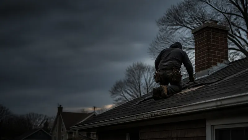 A contractor repairs a roof at dusk.