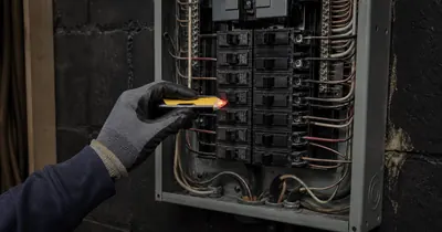 An electrician checks a breaker panel.