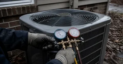 An outdoor heating and cooling unit is being serviced.