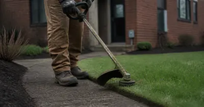 A mower cuts grass around a property.