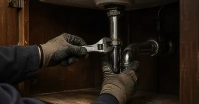 Hands repair a drain under a sink.