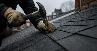 Hands repair asphalt shingles on a roof.