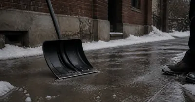 A cleared walk has salt after snow.