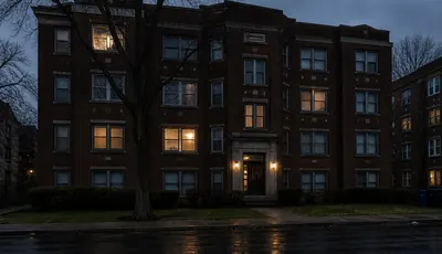 Brick apartment buildings at dusk.