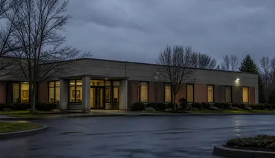 A low suburban office building in the evening.
