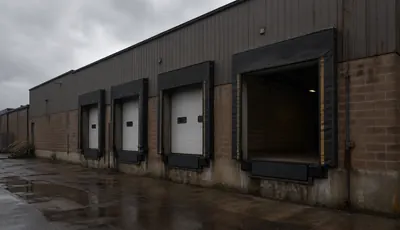 Warehouse dock doors along a building.